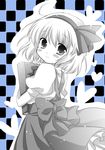 alice_margatroid alice_margatroid_(pc-98) bad_id bad_pixiv_id blush checkered checkered_background heart looking_at_viewer looking_back monochrome short_hair smile solo touhou touhou_(pc-98) white-brown 