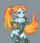  bad_id bad_pixiv_id bare_shoulders blue_skin breasts cleavage contrapposto elbow_gloves eyelashes fang gloves hand_on_hip highres imp leotard long_hair maniacpaint midna neon_trim no_hat no_headwear orange_hair pointy_ears ponytail red_eyes scrunchie simple_background small_breasts smile solo standing the_legend_of_zelda the_legend_of_zelda:_twilight_princess thighhighs very_long_hair yellow_sclera 