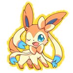  ambiguous_gender blue_eyes blush bow creature eeveelution feral huiro looking_at_viewer ninfia nintendo no_humans one_eye_closed open_mouth pok&#233;mon pok&eacute;mon pokemon pokemon_(game) pokemon_xy sky smile sylveon video_games wink 