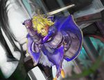  armor armored_dress artoria_pendragon_(all) bad_id bad_pixiv_id blonde_hair excalibur fate/stay_night fate_(series) faulds faux_traditional_media full_armor gauntlets hair_bun saber short_hair solo sword vanink weapon yellow_eyes 
