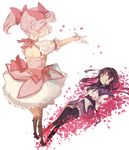  akamega akemi_homura back black_hair bow closed_eyes gloves hair_bow kaname_madoka kneehighs long_hair mahou_shoujo_madoka_magica multiple_girls pantyhose petals pink_hair skirt tears twintails 