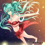  anklet bad_id bad_pixiv_id barefoot bracelet breasts cleavage green_eyes green_hair hatsune_miku jewelry long_hair medium_breasts outstretched_arms red_sarong sarong solo spread_arms toshi_(1-147) twintails very_long_hair vocaloid 