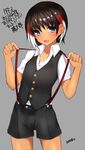  bad_id bad_pixiv_id blush inazuma_eleven_(series) inazuma_eleven_go male_focus matarou_(genkai_toppa) open_mouth shorts shuu_(inazuma_eleven) simple_background solo suspenders vest 