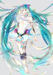  anklet aqua_eyes aqua_hair bad_id bad_pixiv_id barefoot bridal_gauntlets center_opening full_body hatsune_miku hatsune_miku_(append) jewelry long_hair melo_(m_0514) navel necktie open_mouth simple_background solo thighhighs toeless_legwear twintails very_long_hair vocaloid vocaloid_append 