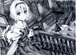  alice_margatroid ballroom bow capelet cup dancing doll_joints graphite_(medium) greyscale hair_bow hairband highres lance looking_at_viewer monochrome nobita polearm revision shanghai_doll shield short_hair smile solo touhou traditional_media weapon wings 