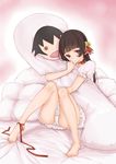  ankle_ribbon barefoot bed bell brown_hair dakimakura_(object) dress hair_bell hair_ornament hair_ribbon himenokouji_akiko long_hair long_legs neck_ribbon onii-chan_dakedo_ai_sae_areba_kankeinai_yo_ne panties pantyshot pantyshot_(sitting) pillow pillow_hug ribbon sitting solo tsukino_wagamo underwear white_panties 