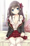  bad_id bad_pixiv_id bed blazer blue_eyes blush bow breasts brown_hair cleavage collarbone hair_bow harimoji highres jacket large_breasts long_hair off_shoulder original panties pillow school_uniform side_ponytail sitting skirt skirt_lift solo thighhighs unbuttoned underwear 