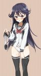  bad_id bad_pixiv_id black_hair blush bow bow_panties breasts cum fujita_hidetoshi kuroki_rei long_hair national_shin_ooshima_school_uniform no_pants panties purple_eyes pussy_juice school_uniform shorts shorts_removed small_breasts solo sweat thighhighs underwear vividred_operation white_panties 