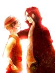  2boys amputee black_hair hand_on_hat hand_on_headwear hat jacket male male_focus monkey_d_luffy multiple_boys one_piece red_hair red_vest scar shanks shirt smile straw_hat vest white_shirt 