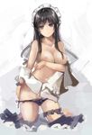  absurdres bad_id bad_pixiv_id bare_shoulders black_hair black_panties boqboq breast_hold breasts brown_eyes highres kneeling large_breasts long_hair looking_at_viewer lowleg lowleg_panties maid maid_headdress navel nipples original panties simple_background smile solo underwear white_background 