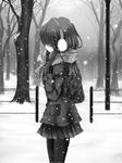  black_hair black_legwear blush breath closed_eyes coat earmuffs enpera greyscale long_hair monochrome open_mouth original pantyhose scarf shimo_(depthbomb) skirt snow solo 