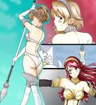  alice_kei_(lemon-jiru) aqua_hair armor ass assisted_exposure blush breasts brown_eyes brown_hair cleavage dog earrings faux_traditional_media female_protagonist_(persona_3) frown hair_ornament high-cut_armor jewelry kirijou_mitsuru koromaru long_hair medium_breasts multiple_girls persona persona_3 persona_3_portable polearm ponytail red_eyes red_hair spear sweatdrop takeba_yukari thighhighs wardrobe_malfunction weapon yamagishi_fuuka 