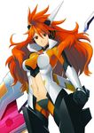  absurdres amou_kanade ass_visible_through_thighs bad_id bad_pixiv_id bodysuit headgear high_collar highres horns long_hair magical_girl midriff navel orange_bodysuit orange_eyes orange_hair polearm senki_zesshou_symphogear simple_background solo tomaty. weapon white_background 
