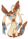  bow creature full_body gen_6_pokemon glitchedpuppet looking_at_viewer no_humans pokemon pokemon_(creature) sitting smile solo sylveon tail twintails 