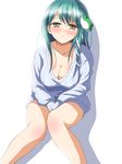  body_blush bottomless breasts cleavage collarbone covered_nipples deego_(omochi_bazooka) frog_hair_ornament green_hair hair_ornament highres kochiya_sanae large_breasts long_hair looking_at_viewer naked_sweater no_pants ribbed_sweater simple_background smile snake_hair_ornament solo sweater touhou white_background yellow_eyes 
