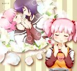  apron bad_id bad_pixiv_id closed_eyes cooking finger_in_mouth flower funami_yui hair_bobbles hair_ornament holding_hands imagining interlocked_fingers kaina lily_(flower) long_sleeves multiple_girls nanamori_school_uniform pink_hair purple_hair school_uniform serafuku short_hair short_over_long_sleeves short_sleeves spatula thought_bubble twintails yoshikawa_chinatsu yuri yuru_yuri 