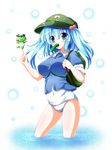  backpack bag between_breasts blue_eyes blue_hair blush breasts cucumber food_in_mouth hair_bobbles hair_ornament hat impossible_clothes impossible_shirt kappa kawashiro_nitori key large_breasts long_hair mouth_hold one-piece_swimsuit open_mouth osashin_(osada) school_swimsuit shirt sleeves_rolled_up smile solo swimsuit swimsuit_under_clothes touhou two_side_up wading white_school_swimsuit white_swimsuit 
