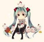  animal animal_on_head bad_id bad_pixiv_id bird boots chibi chick chicken detached_sleeves green_eyes green_hair hatsune_miku long_hair necktie on_head simple_background sitting skirt solo thigh_boots thighhighs twintails very_long_hair vocaloid yuya_kyoro 