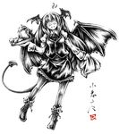  :d bat_wings breasts buttons demon_tail fang frills greyscale head_wings koakuma link163353 long_hair medium_breasts monochrome necktie open_mouth pantyhose simple_background smile solo tail touhou white_background wings 
