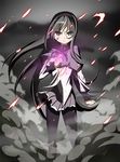  akemi_homura bad_id bad_pixiv_id black_hair black_legwear blood blood_on_face glowing hairband long_hair mahou_shoujo_madoka_magica pantyhose purple_eyes serious smoke solo suiya very_long_hair 