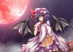  bat_wings dutch_angle full_moon hat hat_ribbon looking_at_viewer moon night purple_hair red_eyes red_moon remilia_scarlet ribbon roura short_hair sitting sky slit_pupils solo touhou wings 