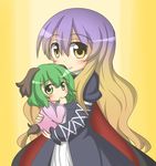  ^_^ animal_ears arm_ribbon black_dress blush bow cape carrying chibi child closed_eyes dress feiton gradient_hair green_eyes green_hair hijiri_byakuren kasodani_kyouko layered_dress looking_at_viewer motherly multicolored_hair multiple_girls pink_dress ribbon short_hair smile thumb_sucking touhou yellow_eyes 