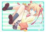  ahoge blonde_hair blue_eyes blush bow character_name cookie doughnut food hair_ornament hair_ribbon kamikita_komari little_busters! long_sleeves mitsugushi_yuu pink_bow pocky ribbon short_hair smile solo star sweater 