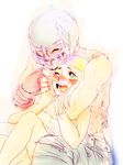  1girl anna_(gokuaku_no_hana) bandana blonde_hair blush couple gokuaku_no_hana happy helmet hetero hug hug_from_behind jagi long_hair smile tapaipai time_paradox 