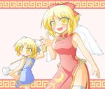  alternate_costume blonde_hair bow breasts china_dress chinese_clothes cop_(shokkidana) cup double_bun dress gengetsu hair_bow hair_bun medium_breasts mugetsu multiple_girls panties red_bow short_hair siblings sisters smile thighhighs touhou touhou_(pc-98) underwear white_panties wings yellow_eyes 