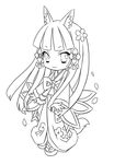  animal_ears chibi flower fox_ears greyscale hair_flower hair_ornament hakama japanese_clothes lineart long_hair looking_at_viewer mg monochrome sandals smile solo trinity_universe tsubaki_(trinity_universe) 