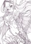  breasts highres large_breasts lineart long_hair monochrome original ros smile solo sword transparent_background weapon 