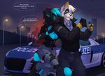  blue_eyes blue_fur blue_hair breasts car cleavage clothed clothing female fur german glowing hair kisha male mammal officer piercing police raccoon wahya white_fur white_hair wolfy-nail 