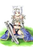  alexmaster animal_ears arm_support armor black_legwear cat_ears gauntlets greaves headpiece highres jewelry midriff necklace original pauldrons red_eyes short_hair sitting solo tattoo thighhighs white_hair 