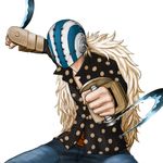  1boy blonde_hair dual_wielding fighting_stance helmet highres jimno killer_(one_piece) male male_focus mask one_piece pirate pixiv_manga_sample polka-dot polka-dot_shirt polka_dot polka_dot_shirt resized sabaody_archipelago sash simple_background solo weapon 