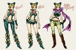  battle_tendency black_hair blonde_hair boots bow braid cosplay crop_top double_bun fingerless_gloves gloves green_eyes heart hosoime jojo_no_kimyou_na_bouken joseph_joestar_(young) joseph_joestar_(young)_(cosplay) kuujou_jolyne lipstick makeup midriff multiple_girls scarf scarf_bow shorts stone_ocean suspenders variations 