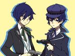  1girl ai-wa androgynous blue_eyes blue_hair cabbie_hat dress_shirt evoker grey_eyes gun handgun hat headphones headphones_around_neck look-alike persona persona_3 persona_4 revolver school_uniform shirogane_naoto shirt short_hair upper_body weapon yuuki_makoto 