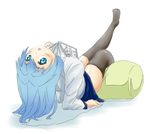  1girl blue_eyes blue_hair book female legs long_hair mikomu original simple_background sitting skirt solo stockings thighhighs white_background 