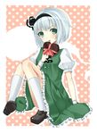  black_hairband blush chocolate green_eyes hair_ribbon hairband heart highres hitodama izumi4195202 konpaku_youmu konpaku_youmu_(ghost) open_mouth ribbon short_hair silver_hair sitting skirt socks solo touhou valentine vest white_legwear 