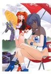  absurdres at_field ayanami_rei blue_eyes blue_hair blue_leotard casual_one-piece_swimsuit crossed_legs eva_01 hand_on_hip high_heels highleg highleg_leotard highleg_swimsuit highres jacket leotard long_hair mecha multiple_girls neon_genesis_evangelion nerv one-piece_swimsuit one_eye_closed race_queen red_eyes red_hair red_leotard scan scan_artifacts shoes short_hair souryuu_asuka_langley swimsuit twintails umbrella white_leotard wristband yoshizaki_mine 
