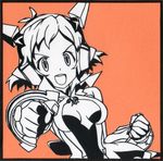  armor bodysuit border cleavage_cutout clenched_hands flat_color gauntlets kirigami large_strap looking_at_viewer magical_girl monochrome paper_cutout_(medium) papercraft photo senki_zesshou_symphogear solo tachibana_hibiki_(symphogear) traditional_media upper_body 