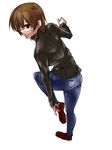  ass breasts brown_eyes brown_hair denim full_body glasses jeans medium_breasts original pants ribbed_sweater shoes short_hair simple_background solo sweater tokita_monta white_background 