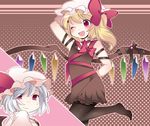  ;d alternate_costume arm_up bad_id bad_pixiv_id black_legwear blonde_hair blue_hair bow commentary flandre_scarlet hair_bow hammer_(sunset_beach) hat leg_up multiple_girls one_eye_closed open_mouth pantyhose red_eyes remilia_scarlet ribbon siblings side_ponytail sisters smile touhou wing_ribbon wings 