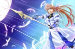  blue_eyes brown_hair feathers long_hair lyrical_nanoha magic_circle magical_girl mahou_shoujo_lyrical_nanoha_strikers open_mouth raising_heart side_ponytail solo sonyntendo takamachi_nanoha 