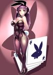  animal_ears bad_id bad_pixiv_id black_eyes black_hair black_legwear bow bowtie breasts bunny_ears bunny_girl bunny_tail bunnysuit card cleavage covered_navel detached_collar dodai_shouji high_heels highres large_breasts legs long_hair looking_at_viewer original pantyhose playboy playing_card purple_eyes purple_hair shoes smile solo tail thighs twintails wrist_cuffs 