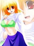  1girl blonde_hair bra breasts cleavage engo_(aquawatery) green_bra highres large_breasts long_skirt lyrical_nanoha mahou_shoujo_lyrical_nanoha mahou_shoujo_lyrical_nanoha_a&#039;s mahou_shoujo_lyrical_nanoha_a's mahou_shoujo_lyrical_nanoha_strikers midriff open_mouth red_eyes shamal shirt_lift short_hair skirt solo underwear 