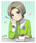  blue_eyes brown_hair fork inazuma_eleven_(series) inazuma_eleven_go inazuma_eleven_go_vs_danball_senki_w looking_at_viewer male_focus mizuhara_aki plate san_(inazuma_eleven) smile solo table upper_body 