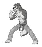  abs anthro belt biceps black_nose bulge canine claws clenched_teeth clothed clothing fangs fur greyscale grin half-dressed judo looking_at_viewer male mammal monochrome muscles orion orion_(aluminemsiren) pants pecs plain_background pose smile solo sports standing teeth toe_claws toned topless vasuki white_background wolf 