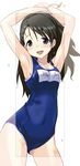  :d armpits arms_up black_eyes black_hair covered_navel hirowa_nagi idolmaster idolmaster_cinderella_girls kurihara_nene long_hair one-piece_swimsuit open_mouth school_swimsuit smile swimsuit 