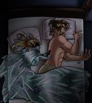  1girl abs barefoot bed bed_sheet blonde_hair boxers couple grin hetero imp link long_hair lying midna muscle neon_trim on_side open_mouth orange_hair pointy_ears shirtless signature size_difference sleeping smile smirk surprised the_legend_of_zelda the_legend_of_zelda:_twilight_princess tiuana_rui underwear waking_up wide-eyed 
