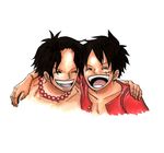  2boys black_hair brother brothers chuu_(tyuunyuu) male male_focus monkey_d_luffy multiple_boys one_piece portgas_d_ace red_shirt shirt shueisha siblings smile 